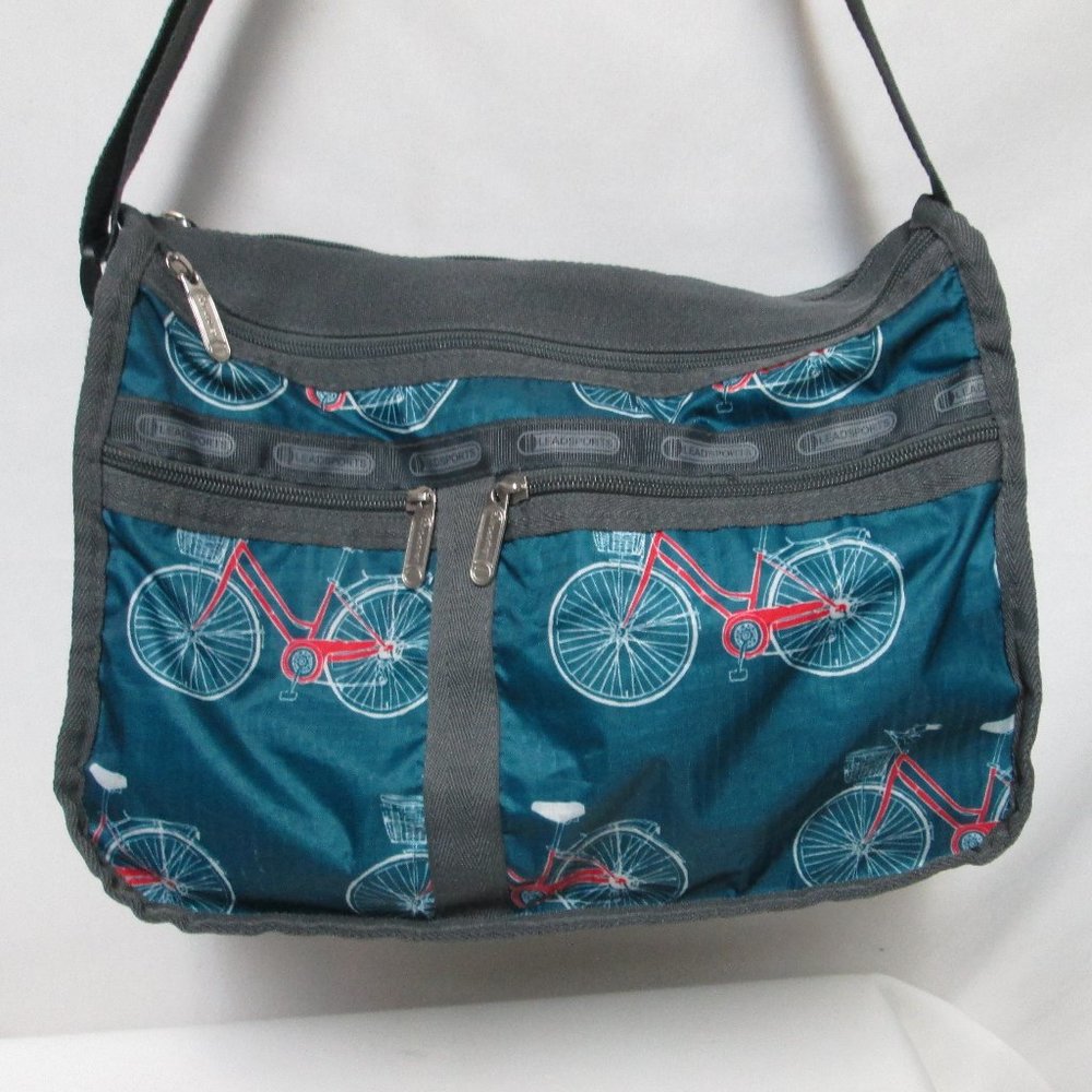 Gray and Blue Crossbody Bag with Bicycle Print